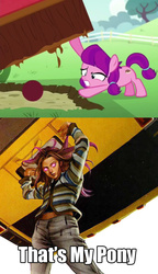 Size: 575x1000 | Tagged: safe, lily longsocks, crusaders of the lost mark, g4, background pony, ball, comparison, marvel, meme, molly hayes, runaways, super strength, that's my pony, that's my x
