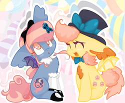 Size: 1024x842 | Tagged: safe, artist:csox, oc, oc only, oc:creampuff, oc:lavender dream, bat pony, pony, alice in wonderland, bow, bowtie, clothes, cute, dressup, hair bow, hat, shoes, stockings