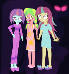 Size: 1024x1102 | Tagged: safe, artist:berrypunchrules, lemon zest, sour sweet, sugarcoat, sunny flare, equestria girls, g4, my little pony equestria girls: friendship games, alternate hairstyle, clothes, crystal prep academy, crystal prep shadowbolts, fanfic art, glowing eyes, loose hair, pajamas, pigtails