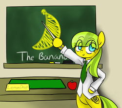 Size: 900x800 | Tagged: safe, artist:fullmetalpikmin, oc, oc only, oc:lemon drop, banana, chalkboard, clothes, cute, female, lab coat, meat, ocbetes, solo