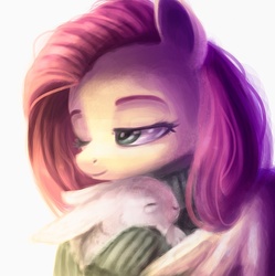 Size: 995x1000 | Tagged: artist needed, source needed, safe, angel bunny, fluttershy, pegasus, pony, rabbit, g4, clothes, cuddling, cute, eyes closed, female, green sweater, hug, mare, one eye closed, simple background, smiling, snuggling, solo, sweater, sweatershy, turtleneck, winghug