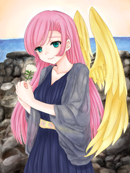 Size: 1200x1596 | Tagged: safe, artist:d-tomoyo, fluttershy, human, g4, anime, clothes, flower, humanized, long hair, ocean, rock, sky, winged humanization