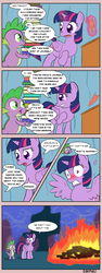 Size: 600x1600 | Tagged: safe, artist:empyu, spike, twilight sparkle, alicorn, pony, g4, 30 minute art challenge, book, comic, dialogue, female, fire, mare, shipper on deck, speech bubble, spread wings, twilight sparkle (alicorn), wide eyes