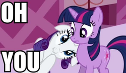 Size: 589x339 | Tagged: safe, edit, edited screencap, screencap, rarity, twilight sparkle, g4, the ticket master, oh you, reaction image