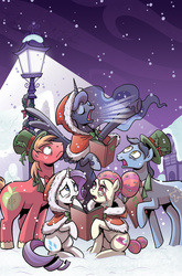 Size: 787x1195 | Tagged: safe, artist:brenda hickey, idw, big macintosh, princess luna, rarity, toe-tapper, torch song, earth pony, pony, g4, bow, caroling, christmas, cover, eye twitch, hat, holiday, holly, lamppost, male, snow, spread wings, stallion, the ponytones, traditional royal canterlot voice
