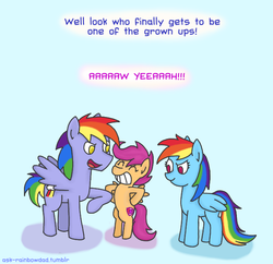 Size: 650x628 | Tagged: safe, artist:ryuspike, rainbow blaze, rainbow dash, scootaloo, pegasus, pony, crusaders of the lost mark, g4, ask-rainbowdad, blue background, cutie mark, cyan background, dialogue, scootalove, simple background, speech bubble, the cmc's cutie marks, tumblr