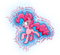 Size: 2200x2000 | Tagged: safe, artist:heir-of-rick, pinkie pie, earth pony, pony, g4, anniversary, excited, female, happy birthday mlp:fim, high res, laughter song, mare, mlp fim's fifth anniversary, open mouth, raised hoof, raised leg, simple background, smile song, smiling, solo, song, text, white background