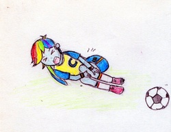 Size: 1529x1179 | Tagged: safe, anonymous artist, rainbow dash, equestria girls, g4, ><, eyes closed, female, football, injured, solo, traditional art