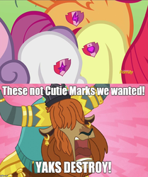 Size: 793x947 | Tagged: safe, edit, edited screencap, screencap, apple bloom, prince rutherford, scootaloo, sweetie belle, yak, crusaders of the lost mark, g4, party pooped, crown, cutie mark, cutie mark crusaders, cutie mark drama, discovery family logo, drama, ear piercing, earring, horn, horn ring, image macro, jewelry, meme, piercing, regalia, screencap comic, the cmc's cutie marks, yak drama meme