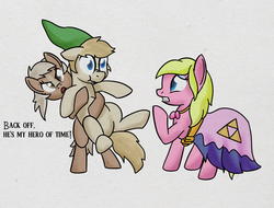 Size: 1006x763 | Tagged: safe, artist:lux, earth pony, pony, bear hug, bipedal, clothes, dress, epona, female, floppy ears, frown, glare, gritted teeth, hug, jealous, link, male, mare, open mouth, ponified, possessive, princess zelda, scrunchy face, shipping, straight, the legend of zelda, triforce, wide eyes