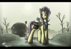 Size: 1280x883 | Tagged: safe, artist:slawomiro, angel bunny, fluttershy, g4, bag, bandana, cottage, older, signature, sky, sun, waking up