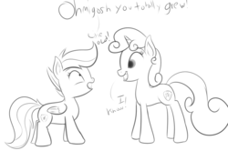 Size: 1024x725 | Tagged: safe, artist:cosmonaut, scootaloo, sweetie belle, pegasus, pony, unicorn, crusaders of the lost mark, g4, duo, female, filly, foal, growth spurt, looking at each other, looking at someone, monochrome
