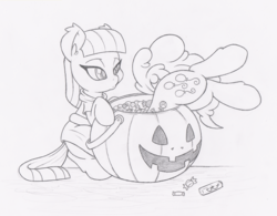 Size: 1500x1171 | Tagged: safe, artist:dfectivedvice, maud pie, pinkie pie, earth pony, pony, g4, cute, diapinkes, grayscale, maudabetes, monochrome, nightmare night, silly, silly pony