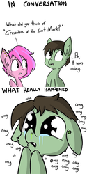 Size: 610x1220 | Tagged: safe, artist:tjpones, oc, oc only, oc:tjpones, earth pony, pony, crusaders of the lost mark, g4, 2 panel comic, comic, crying, dialogue, duo, ear fluff, ear piercing, female, floppy ears, male, mare, omg, piercing, puppy dog eyes, snot, stallion