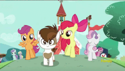 Size: 718x404 | Tagged: safe, screencap, apple bloom, dinky hooves, liza doolots, petunia, pipsqueak, ruby pinch, scootaloo, sweetie belle, tootsie flute, earth pony, pony, crusaders of the lost mark, g4, animated, colt, cutie mark crusaders, male