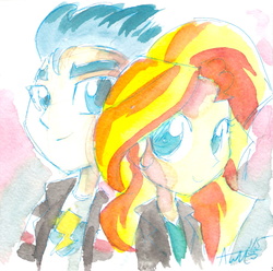 Size: 1191x1181 | Tagged: safe, artist:agnesgarbowska, flash sentry, sunset shimmer, equestria girls, g4, female, male, ship:flashimmer, shipping, straight, traditional art, watercolor painting