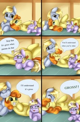 Size: 2850x4317 | Tagged: safe, artist:pridark, carrot top, derpy hooves, dinky hooves, golden harvest, pegasus, pony, g4, comic, cute, dinkabetes, family, female, kissing, lesbian, mare, ship:derpytop, shipping