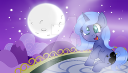 Size: 800x457 | Tagged: safe, artist:moreappletwiffle, princess luna, g4, balcony, female, filly, filly luna, heart eyes, looking at you, moon, night, sitting, solo, stars, unicorn luna, watermark, wingding eyes, woona, younger