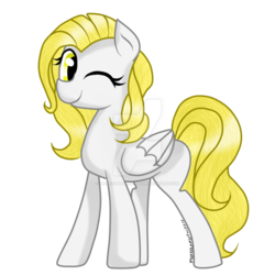 Size: 900x900 | Tagged: safe, artist:moreappletwiffle, surprise, pegasus, pony, g1, g4, g1 to g4, generation leap, missing cutie mark, solo, watermark, wink, wrong eye color