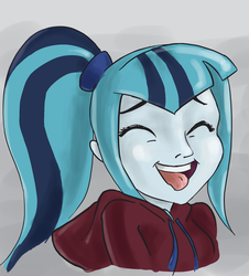 Size: 1580x1749 | Tagged: safe, artist:spriterjrda, sonata dusk, equestria girls, g4, bust, clothes, eyes closed, female, hoodie, portrait, silly, solo, tongue out