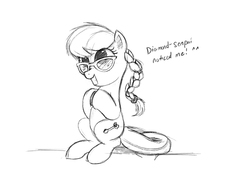 Size: 1897x1363 | Tagged: safe, artist:ncmares, silver spoon, earth pony, pony, g4, cute, female, glasses, grin, monochrome, senpai noticed me, sitting, sketch, solo