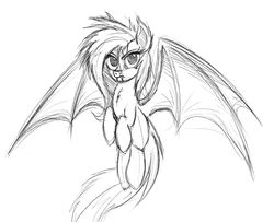 Size: 1500x1215 | Tagged: safe, artist:ncmares, fluttershy, bat pony, pony, g4, fangs, female, flutterbat, flying, monochrome, sketch, solo, spread wings