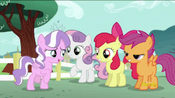 Size: 854x480 | Tagged: safe, screencap, apple bloom, diamond tiara, scootaloo, sweetie belle, earth pony, pony, crusaders of the lost mark, g4, season 5, animated, cute, cutie mark crusaders, diamondbetes, discovery family logo, female, gif, loop, trotting, trotting in place
