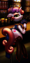 Size: 940x1920 | Tagged: safe, alternate version, artist:float-cloud, sweetie belle, pony, unicorn, crusaders of the lost mark, g4, alternate hairstyle, bar, cheongsam, clothes, cutie mark, fan, female, solo, stockings, the cmc's cutie marks