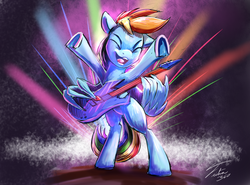 Size: 1280x945 | Tagged: safe, artist:tsitra360, rainbow dash, pegasus, pony, g4, abstract background, bipedal, electric guitar, eyes closed, female, guitar, mare, musical instrument, open mouth, playing instrument, signature, solo, underhoof, wing hands