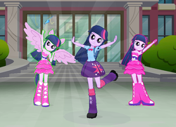 Size: 831x600 | Tagged: safe, gameloft, screencap, twilight sparkle, equestria girls, g4, 3d, 3d model, armpits, arms in the air, boots, clothes, dress, fall formal outfits, hands in the air, high heel boots, legs, multeity, ponied up, skirt, sleeveless, sleeveless dress, sparkle sparkle sparkle, twilight ball dress, twilight sparkle (alicorn), wings