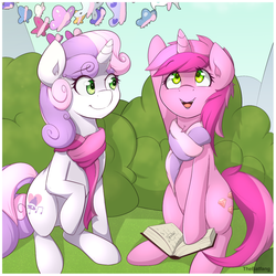 Size: 800x800 | Tagged: safe, artist:thebatfang, ruby pinch, sweetie belle, butterfly, pony, unicorn, g4, book, clothes, cutie mark, female, scarf, sitting, teenager, wrong cutie mark