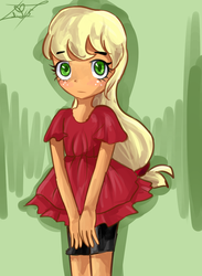 Size: 1024x1396 | Tagged: safe, artist:tamoqu, applejack, equestria girls, g4, clothes, dress, female, solo, younger
