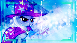 Size: 1920x1079 | Tagged: safe, artist:durpy, artist:tailnr1lolnew, trixie, pony, unicorn, g4, cape, clothes, evil smile, female, grin, hat, mare, signature, smiling, trixie's cape, trixie's hat, vector, wallpaper