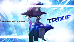 Size: 1920x1080 | Tagged: safe, artist:atndesign, trixie, pony, unicorn, g4, cape, clothes, female, hat, lens flare, looking at you, mare, raised hoof, solo, trixie's cape, trixie's hat, vector, wallpaper