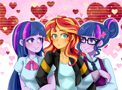 Size: 1280x948 | Tagged: safe, artist:buryooooo, sci-twi, sunset shimmer, twilight sparkle, alicorn, equestria girls, g4, my little pony equestria girls: friendship games, bedroom eyes, blushing, counterparts, cute, female, lesbian, looking at you, magical trio, nervous, ot3, polyamory, self paradox, ship:sci-twishimmer, ship:sunset twiangle, ship:sunsetsparkle, shipping, sweat, sweatdrop, twilight sparkle (alicorn), twilight's counterparts, twolight