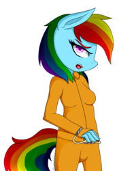 Size: 700x1000 | Tagged: safe, artist:skywarriorstare, rainbow dash, anthro, g4, clothes, cuffs, female, prison outfit, prisoner rd, simple background, solo, transparent background, unamused