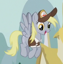 Size: 422x431 | Tagged: safe, screencap, derpy hooves, pegasus, pony, crusaders of the lost mark, g4, clothes, cute, delivery pony, female, flying, hat, mailmare, mare, open mouth, smiling, solo, spread wings, uniform