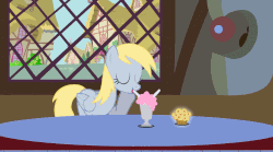 Size: 932x520 | Tagged: safe, artist:yoshigreenwater, derpy hooves, pegasus, pony, g4, animated, drinking, female, mare, milkshake, muffin, solo