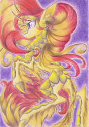 Size: 1746x2474 | Tagged: safe, artist:waterferret, sunset shimmer, kirin, g4, colored pupils, ear fluff, female, solo, species swap, traditional art, unshorn fetlocks