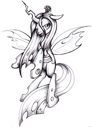 Size: 800x1105 | Tagged: safe, artist:pingwinowa, queen chrysalis, changeling, changeling queen, g4, crown, female, flying, grayscale, jewelry, monochrome, regalia, simple background, solo, traditional art