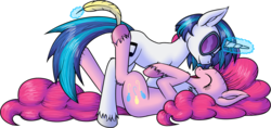 Size: 1584x748 | Tagged: safe, artist:skorpionletun, dj pon-3, pinkie pie, vinyl scratch, earth pony, pony, unicorn, g4, eyes closed, feather, female, laughing, lesbian, levitation, magic, mare, on back, open mouth, shipping, simple background, smiling, telekinesis, tickle torture, tickling, transparent background, unshorn fetlocks, vinylpie