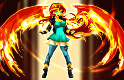 Size: 5100x3300 | Tagged: safe, artist:animeclaro, sunset shimmer, equestria girls, g4, my past is not today, breasts, busty sunset shimmer, cleavage, clenched fist, clothes, eared humanization, female, fiery wings, fingerless gloves, gloves, jeans, looking at you, open mouth, pants, ponied up, ripped jeans, smiling, solo, sunset phoenix, torn clothes, winged humanization