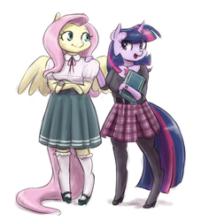 Size: 908x1000 | Tagged: safe, artist:king-kakapo, fluttershy, twilight sparkle, anthro, g4, arm hooves, book, clothes, duo, duo female, female, high heels, pantyhose, plaid, skirt, socks