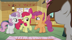 Size: 1280x720 | Tagged: safe, screencap, apple bloom, pipsqueak, scootaloo, sweetie belle, earth pony, pony, crusaders of the lost mark, g4, clubhouse, colt, crusaders clubhouse, cutie mark crusaders, grin, male, open mouth, raised hoof