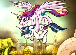 Size: 2200x1600 | Tagged: safe, artist:pedrohander, princess cadance, shining armor, g4, carrying, colored, flying
