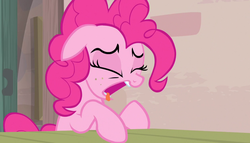 Size: 1258x720 | Tagged: safe, screencap, pinkie pie, earth pony, pony, g4, the cutie map, female, mare, open mouth, solo, table