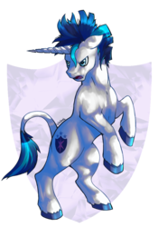 Size: 700x1000 | Tagged: safe, artist:twitchygears, shining armor, classical unicorn, g4, horn, leonine tail, male, rearing, solo