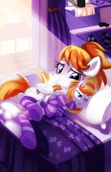 Size: 740x1145 | Tagged: safe, artist:pepooni, oc, oc only, pegasus, pony, bed, clothes, narcissism, plushie, socks, solo, striped socks