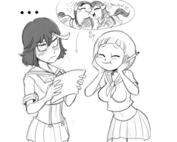 Size: 1500x1200 | Tagged: safe, artist:mickeymonster, human, blushing, crossover, drawing, eyes closed, heart, kill la kill, mako mankanshoku, pencil, ponified, ryuko matoi, satsuki kiryuin, senketsu, sisters, sketch