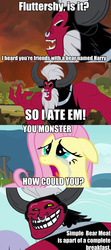 Size: 1280x2880 | Tagged: safe, edit, edited screencap, screencap, fluttershy, harry, lord tirek, bear, centaur, pony, g4, hurricane fluttershy, twilight's kingdom, bear meat, comic, crying, female, fluttercry, image macro, implied death, male, mare, meme, nose piercing, nose ring, piercing, rhetorical question, screencap comic, septum piercing, trollrek